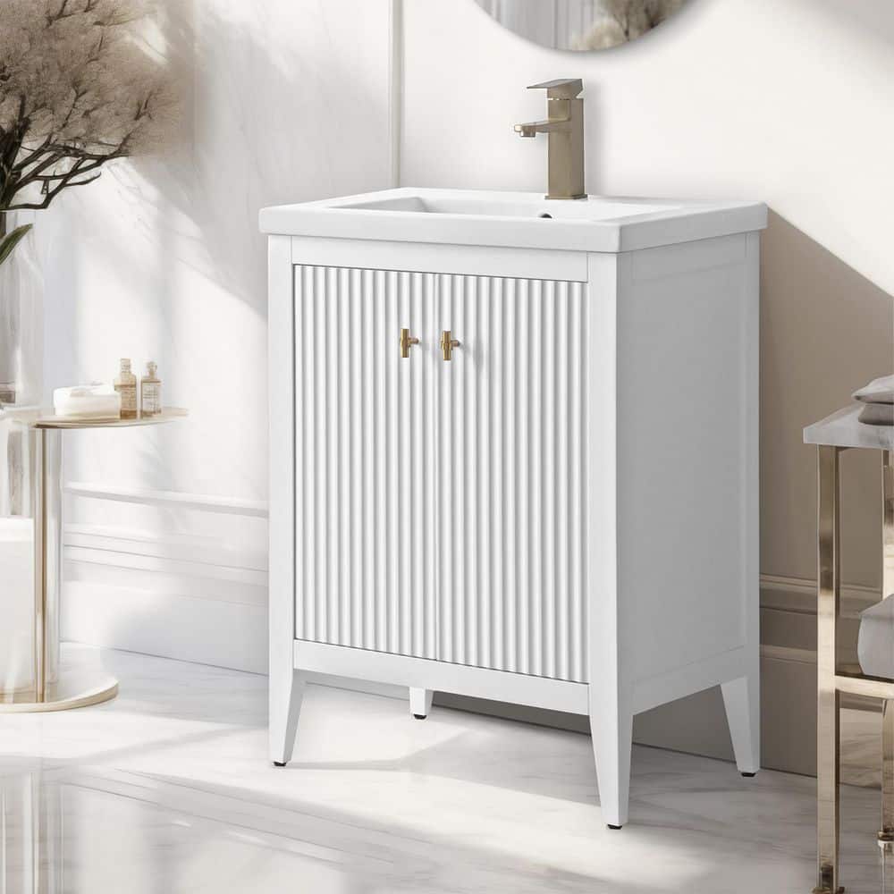 White and Gold Freestanding Single Bathroom Vanity with Ceramic Top