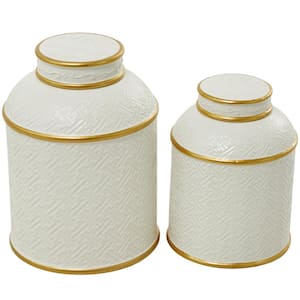 White Ceramic Decorative Jars with Gold Accents (Set of 2)