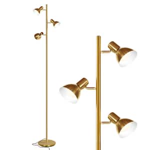 Ethan 65.5 in. Antique Brass Mid-Century Modern 3-Light 3-Way Dimming LED Floor Lamp with 3 Brass Metal Cone Shades