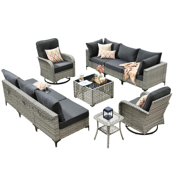 Holston 10-Piece Wicker Outdoor Patio Conversation Sofa Sectional Set with Swivel Rocking Chairs and Black Cushions