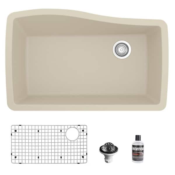Karran Bisque Quartz/Granite Composite 33 in. Single Bowl Undermount Kitchen Sink with Accessories