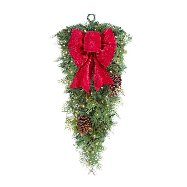 Home Accents Holiday 32 in. Battery Operated Pre-Lit Artificial Christmas Teardrop with Red Velvet Bow