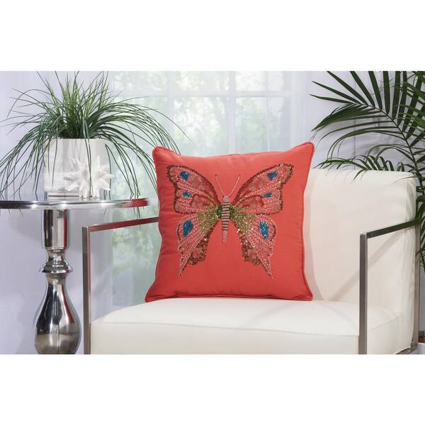 Mina Victory Beaded Butterfly 18 in. x 18 in. Coral Indoor and Outdoor Pillow