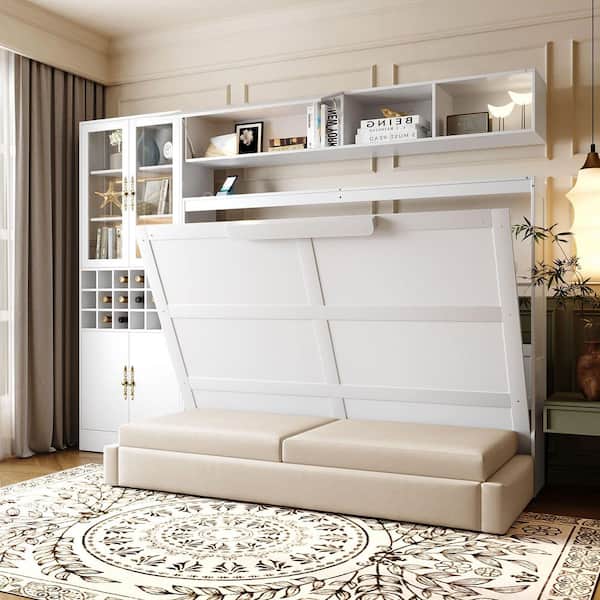 White Wood Frame Full Size Murphy Bed with Sofa, Shelves USB and Light