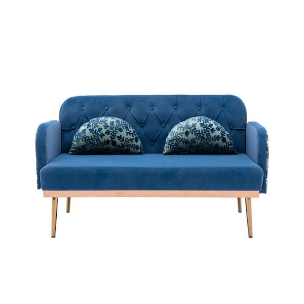 Unbranded Mid-Century Modern 55.12 in. Blue Solid Velvet 2-Seater Loveseat with 2 Pillows