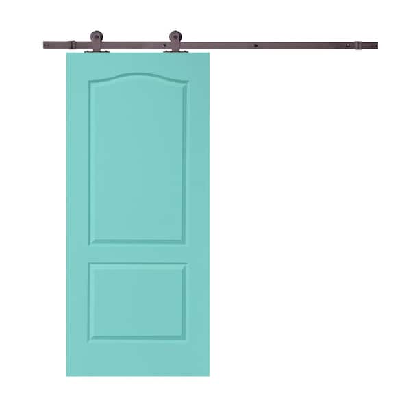 CALHOME 36 in. x 80 in. Mint Green Stained Composite MDF 2-Panel Arch Top Interior Sliding Barn Door with Hardware Kit