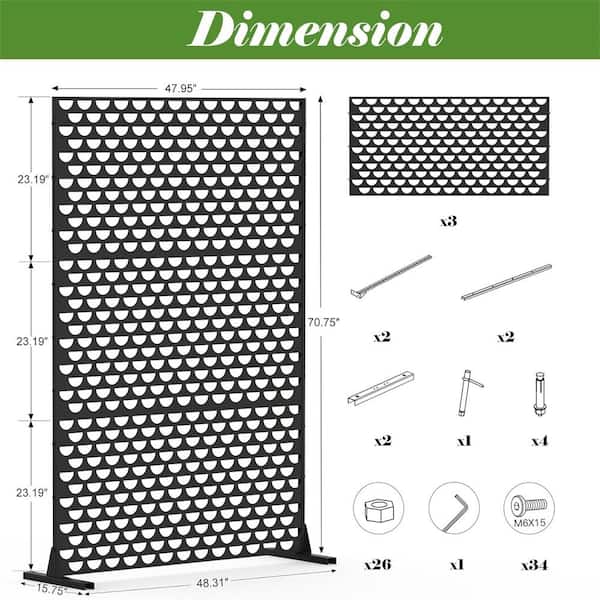 cadeninc Leaf-Pattern Steel Privacy Screen Fence Panels - 4.03 ft x 5.9 ft, Black