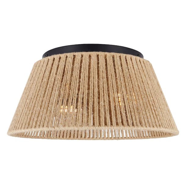 CANARM Delia 16 in. 2-Light Black Farmhouse Flush Mount with Rope Shade