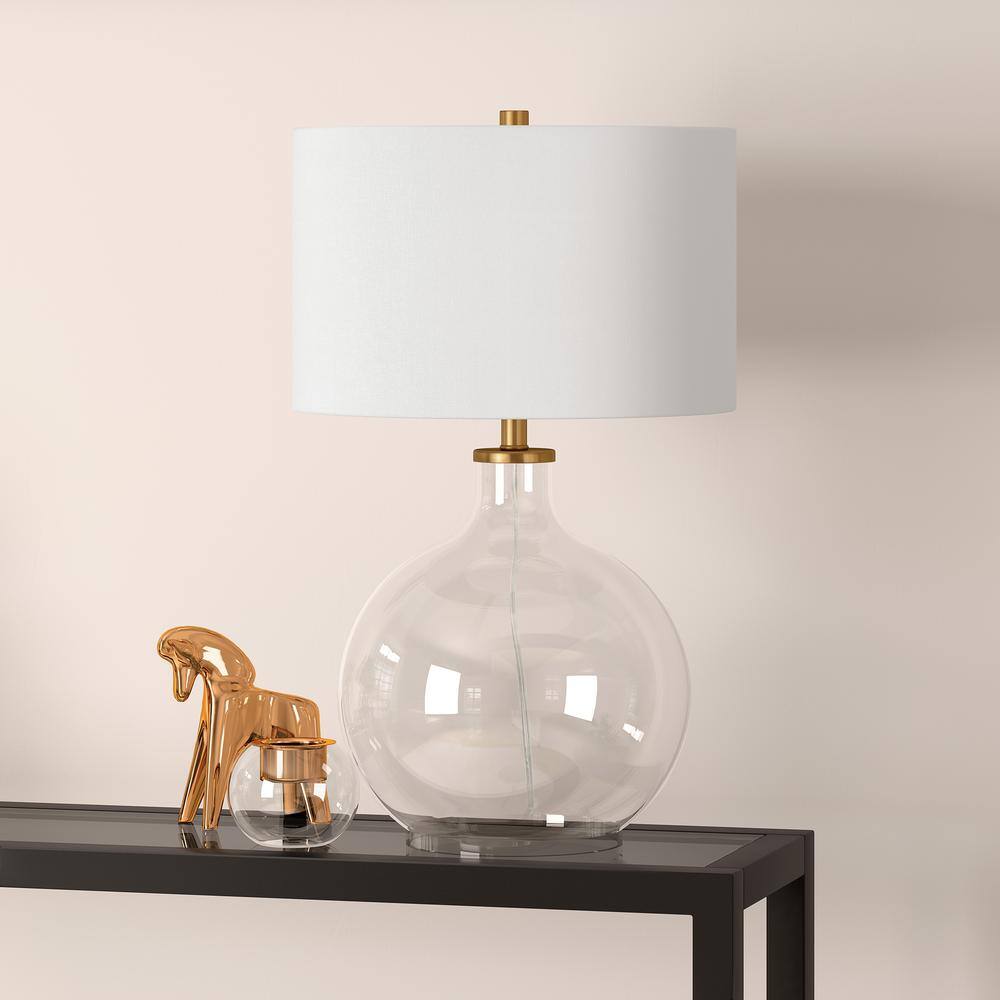 Clear Glass and Brass Nightstand Lamp with White Barrel Shade