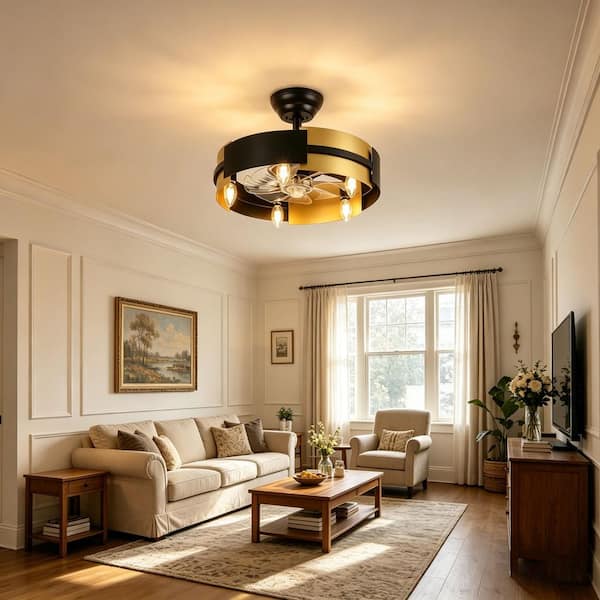 JUSHENG 18 in. Black and Gold Downrod Mount Ceiling Fan with Light