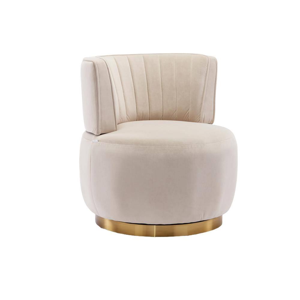 Beige Velvet Swivel Barrel Accent Chair with Metal Base