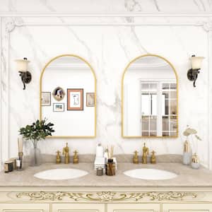 26 in. W x 38 in. H Arch Metal Framed Wall Bathroom Vanity Mirror Gold