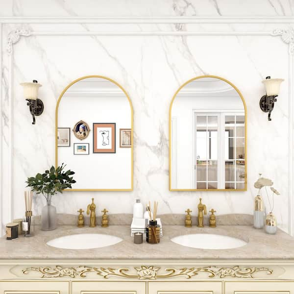 26 in. W x 38 in. H Arched Metal Framed Wall Bathroom Vanity Mirror Gold