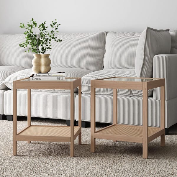 Hayes 18 in. Bohemian Raw Oak Square Glass End Table with Rattan Storage and Solid Wood Frame, (Set of 2)