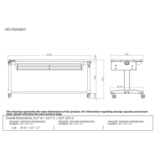 HESSE　チェスト付きローデスク　BK/DBR/WH Husky 62 in. W x 24 in. D 2-Drawer Adjustable Height Black
