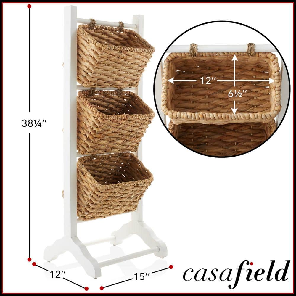 White and Natural Acacia Wood 3-Tier Basket Stand