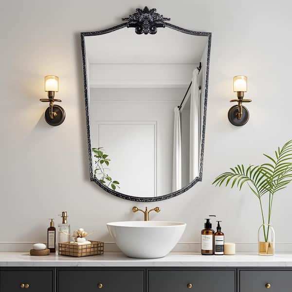 24 in. W x 36 in. H Novelty/Specialty Framed Wall Bathroom Vanity Mirror in Retro Black Carved Finshed
