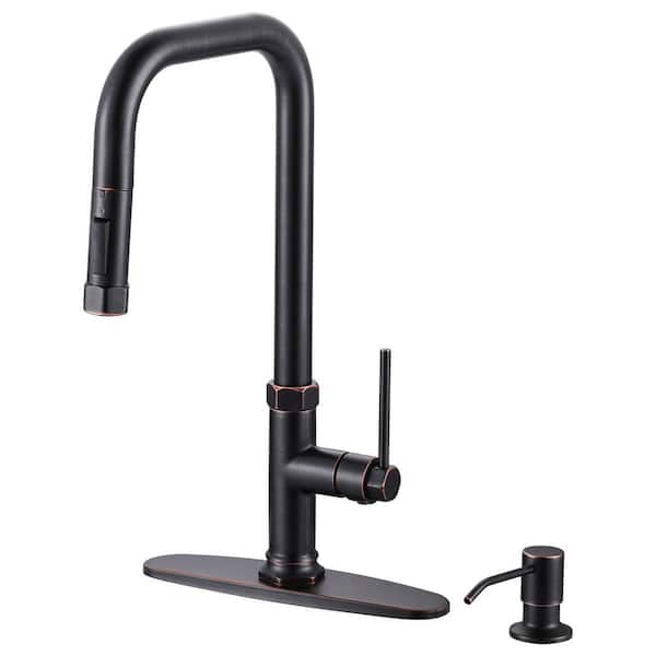 WOWOW Brass Single Handle Pull Down Sprayer Kitchen Faucet with Soap Dispenser in Oil Rubbed Bronze