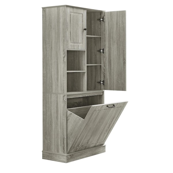 29.9 in. W x 14.2 in. D x 67.7 in. H Brown Wood Linen Cabinet Storage Cabinet w/ Adjustable Shelves and Flip-Out Basket