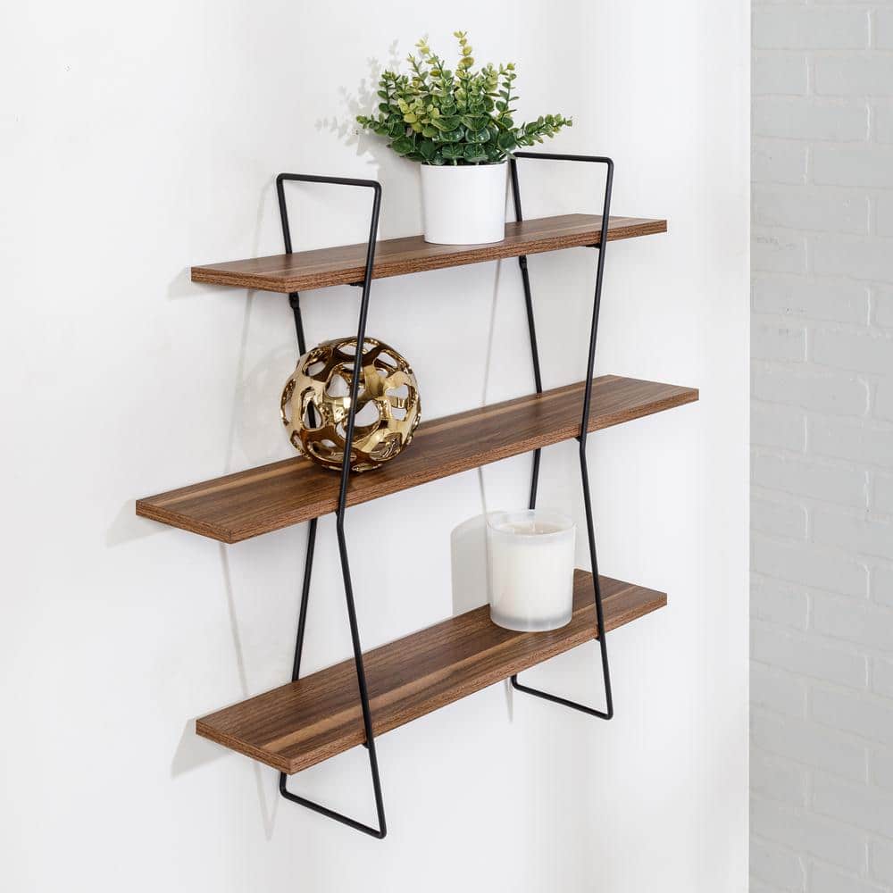 Industrial Black Steel and Wood 3-Tier Wall Shelf