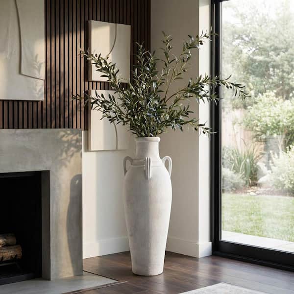 39 in. Ivory Ceramic Amphora Decorative Vase With Handles