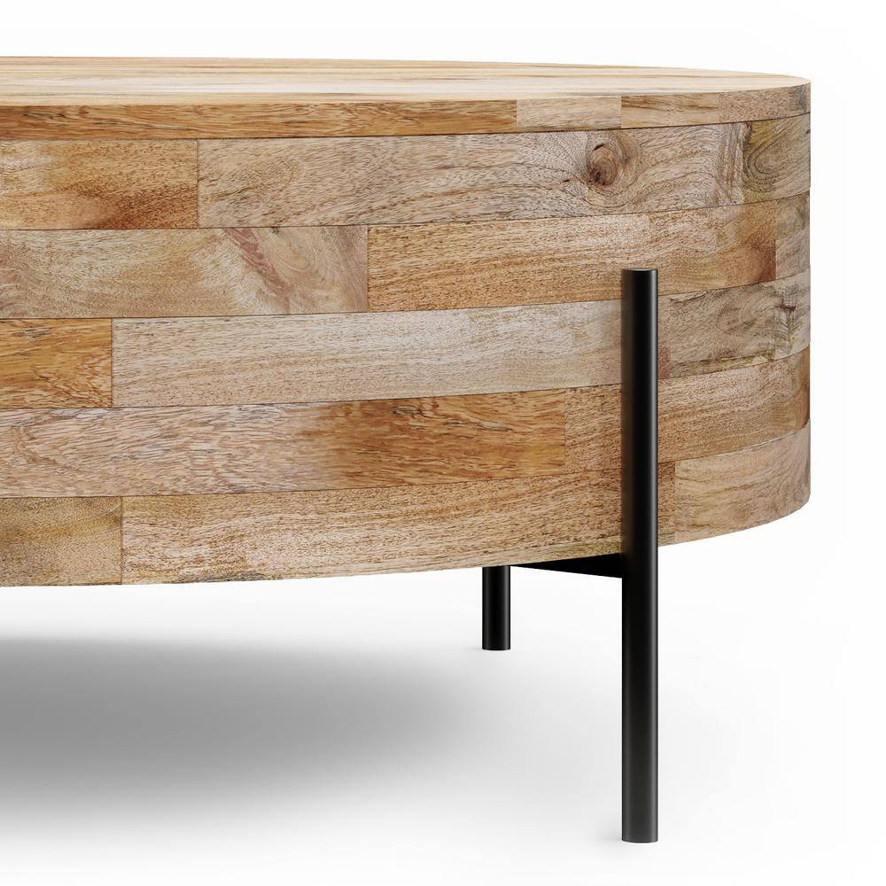 Natural Mango Wood and Black Metal Round Drum Coffee Table