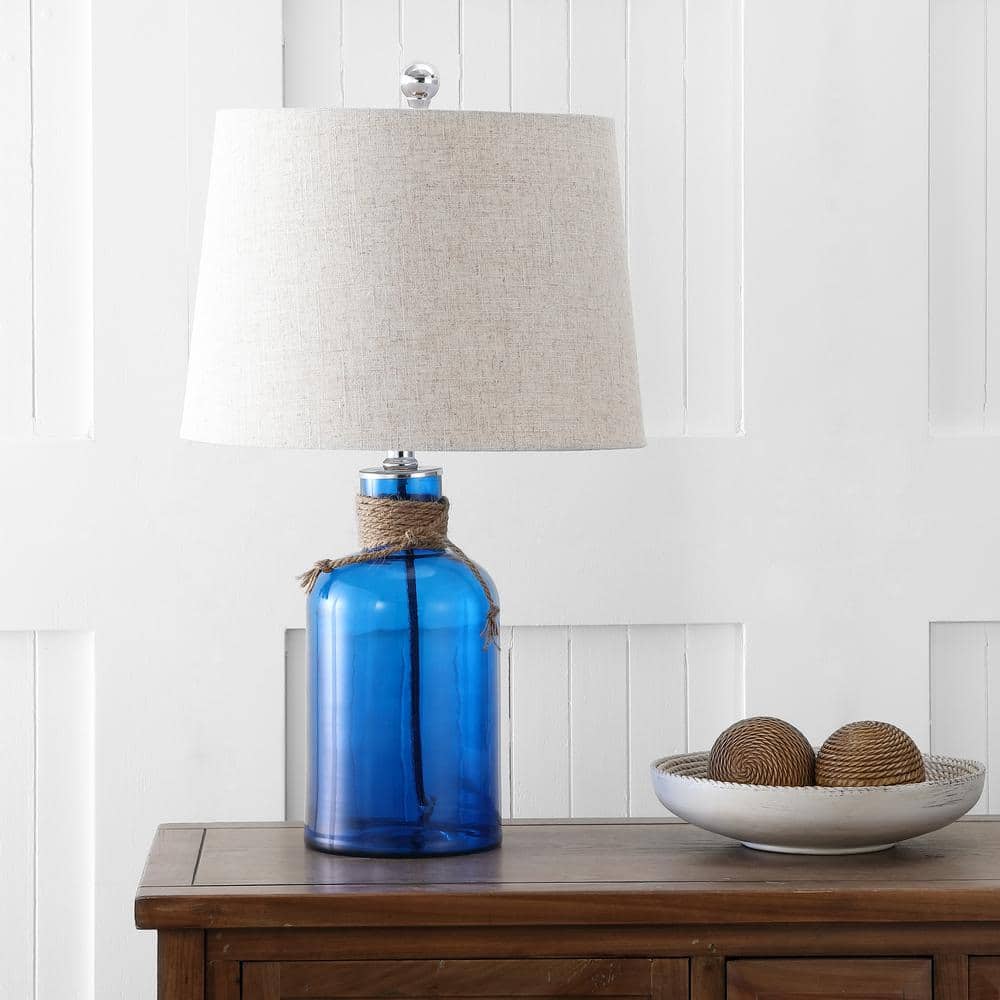 Azure Blue Glass Bottle Table Lamp with Linen Shade