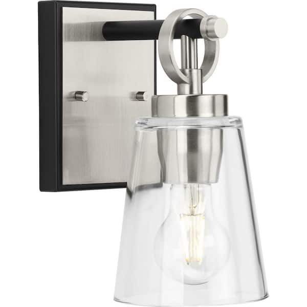 Progress Lighting Cassell 4.75 in. 1-Light Brushed Nickel and Matte Black Vanity Light with Clear Glass Shade for Bathroom