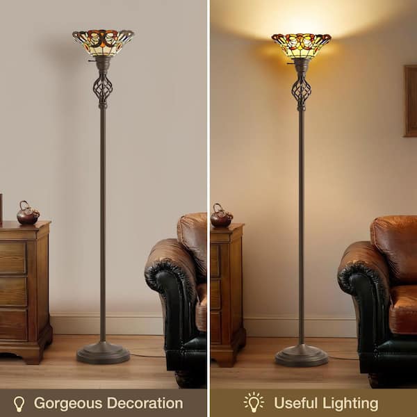 71" Multicolor Torchiere Tiffany Floor Lamps with Stained Glass, Reading Light for Living Room Corner Bedroom Home.