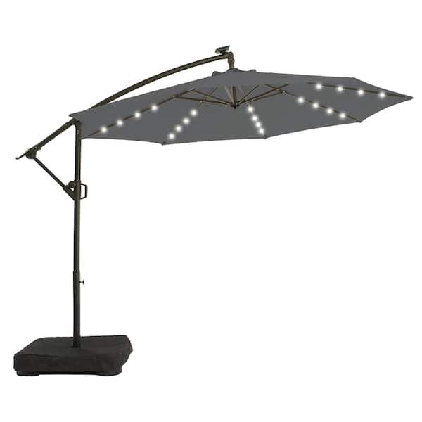 PASAMIC 10 ft. Solar LED Patio Offset Umbrella Outdoor Cantilever Umbrella with Weighted Base Dark Grey