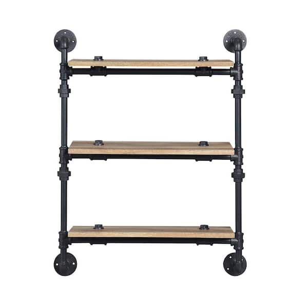 Unbranded 28 in. Wood Urbanne Industrial Aged 3-Tiered Print MDF and Metal Pipe Floating Wall Shelf