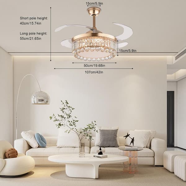 42 in. Indoor Gold Modern Crystal Retractable & Reversible 6-Speed Ceiling Fan with 3-Color Integrated LED and Remote