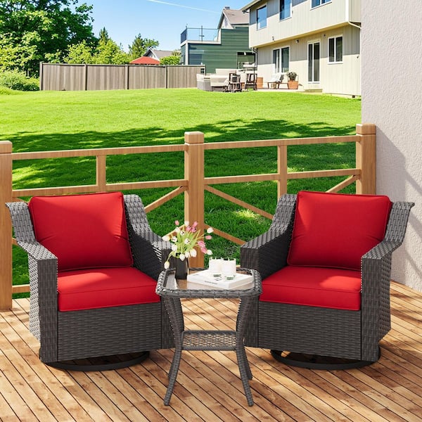3-Piece Stylish Wicker Patio Swivel Chair Outdoor Rocking Chair Set with Thick Red Cushions and Table