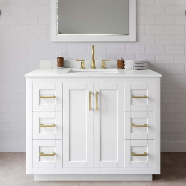 Wyndham Collection Miranda 42 in. W x 22 in. D x 33.75 in. H Single Bath Vanity in White with White Quartz Top and 34 in. Mirror