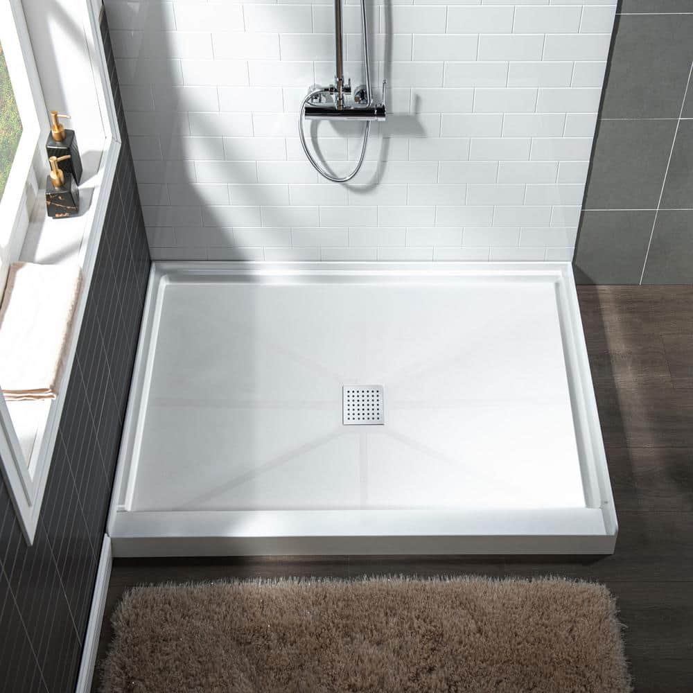 36" White Rectangular Shower Pan Base with Polished Chrome Drain Cover
