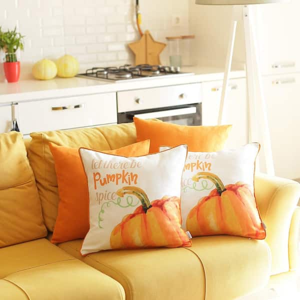 Fall Season Decorative Throw Pillow Set of 4 Pumpkin & Solid Orange 18 in. x 18 in. Square for Couch, Bedding, Size: 18 x 18, White