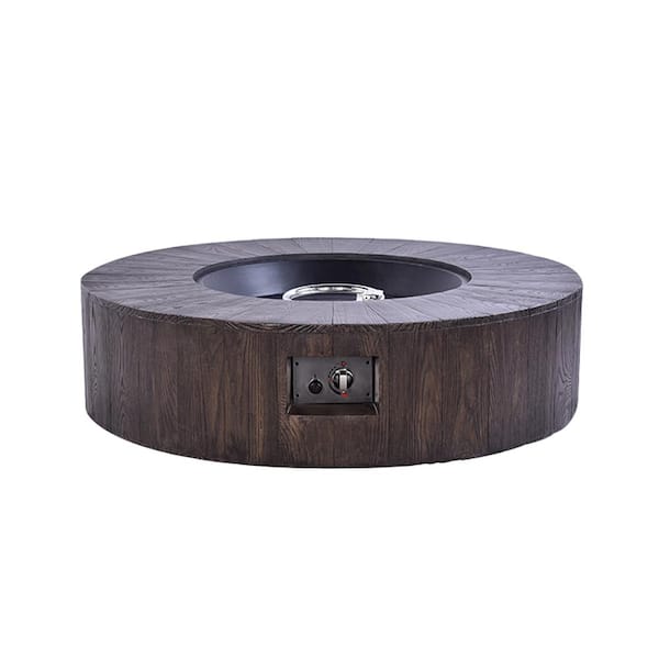 Lexora Gambara 42 in. x 12 in. Round Fiberglass Propane Gas Outdoor Fire Pit Table with Round Burner Kit in Wood Like