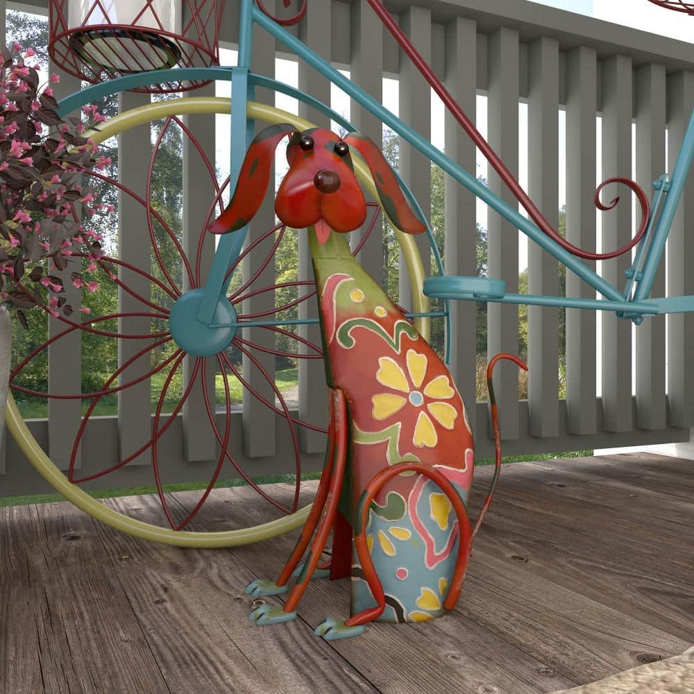 Multicolor Floral Iron Dog Garden Sculpture, 12" x 17"