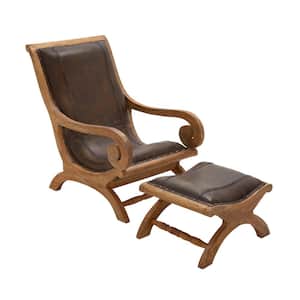 Dark Brown Upholstered Leather Wood Accent Chair with Ottoman with Scrollwork Arms and High Back