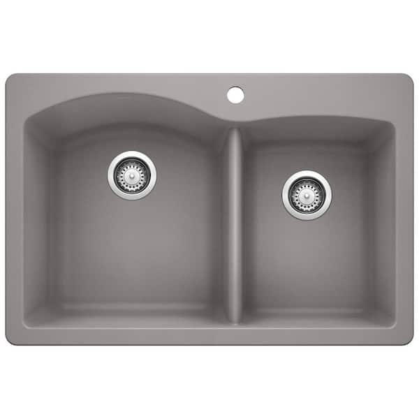 Blanco DIAMOND Silgranit 33 in. Dual Mount 60/40 Double Bowl Metallic Gray Granite Composite Kitchen Sink with 1-Hole