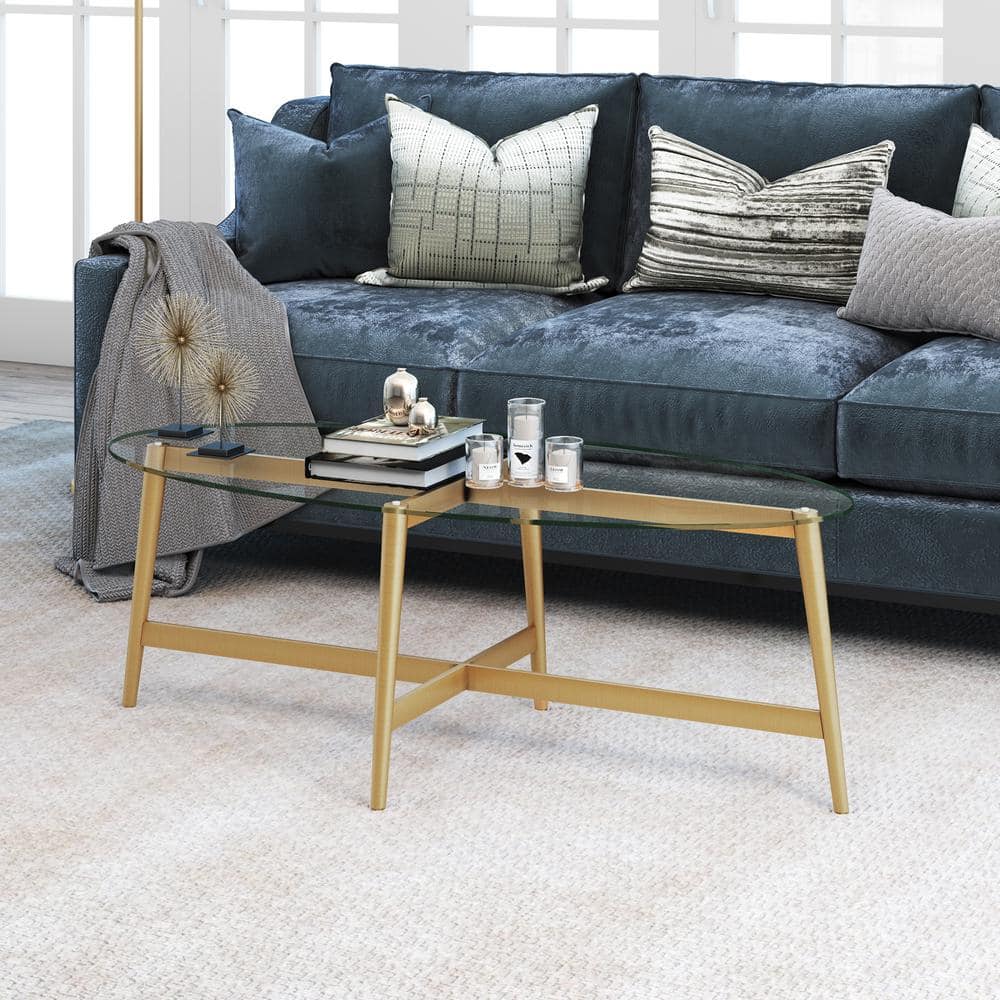 Elliptical Brass and Glass X-Base Coffee Table