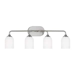 Emile Extra Large 31 in. 4-Light Brushed Steel Bathroom Vanity Light with Etched White Glass Shades