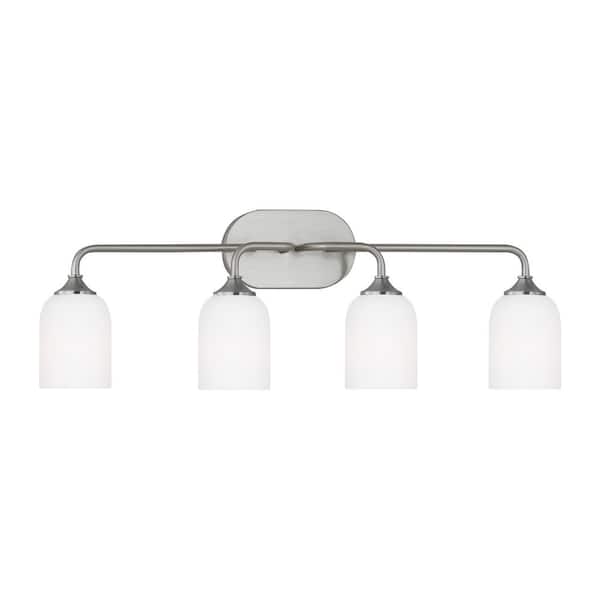 Generation Lighting Emile Extra Large 31 in. 4-Light Brushed Steel Bathroom Vanity Light with Etched White Glass Shades