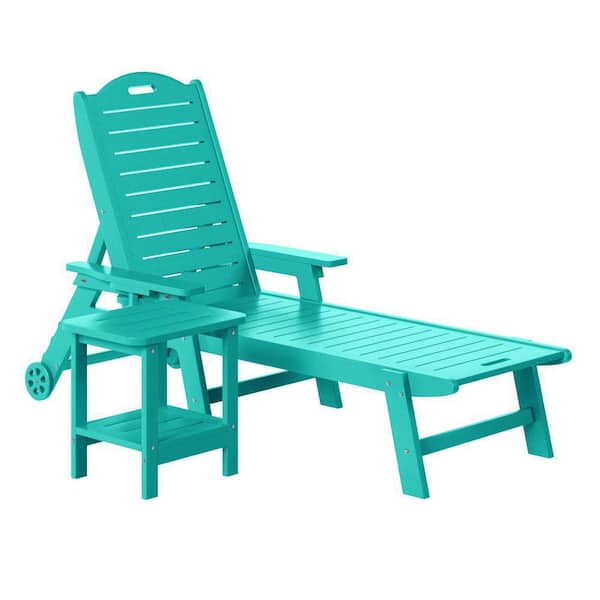 Brighton Outdoor Patio 2-Piece Poly Plastic Reclining Chaise Lounge Pool Chair Set w/ Wheels, Side Table in Turquoise