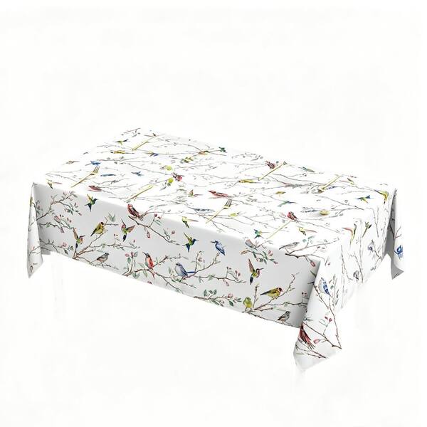 60 in. W x 84 in. L White Birds Branch Floral Polyester Tablecloth for Dinner Decor