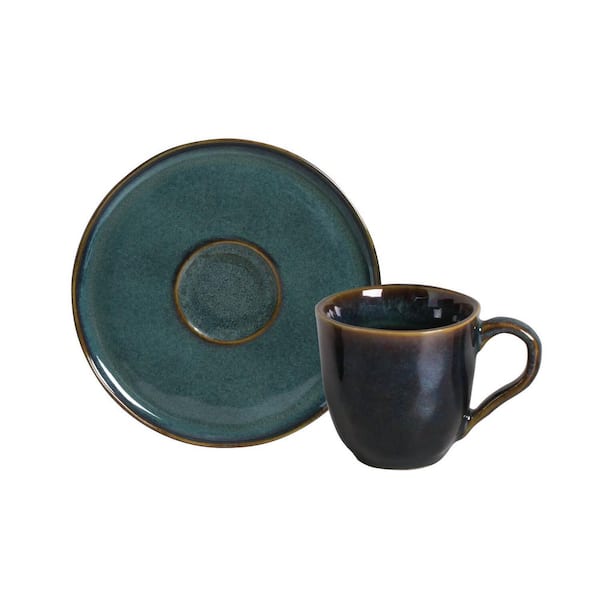 PORTO BRASIL 4.06 oz. Oceano Dark Blue Stoneware Organic Coffee Cup and Bio Saucer (Set of 6)