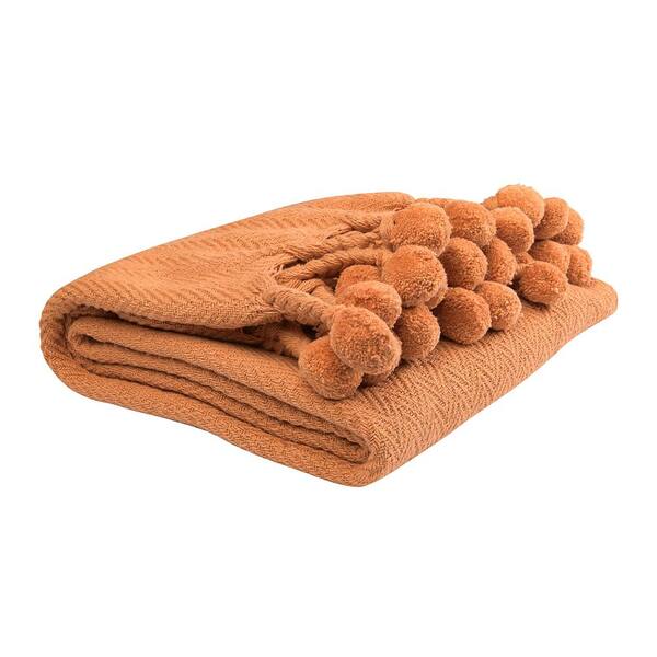 Storied Home Woven Cotton Terracotta Colored Pom Pom Throw EC0425