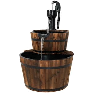 37 in. 2-Tier Rustic Wood Barrel Water Fountain with Hand Pump