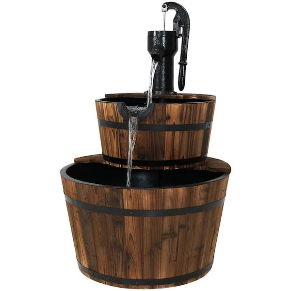 Sunnydaze 37 in. 2-Tier Rustic Wood Barrel Water Fountain with Hand Pump