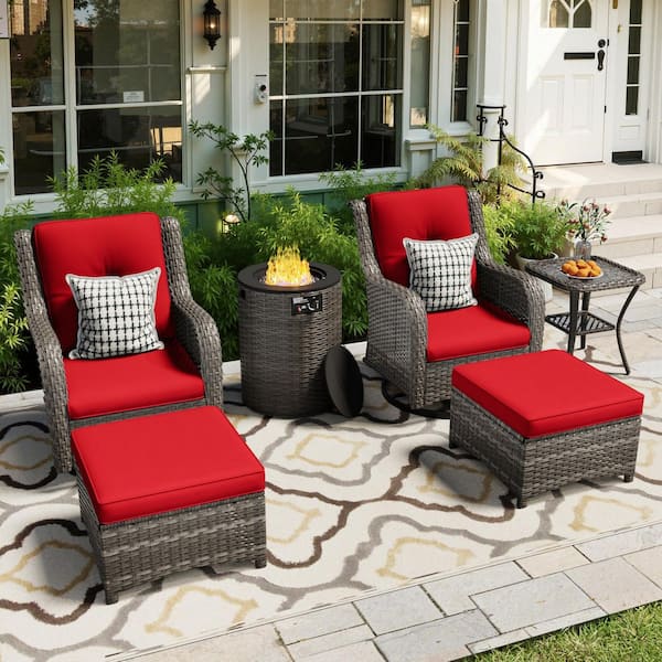 6-Piece Fire Pit Patio Set Wicker Outdoor Patio Conversation Set with Swivel Rocking Chairs, Ottomans and Red Cushions